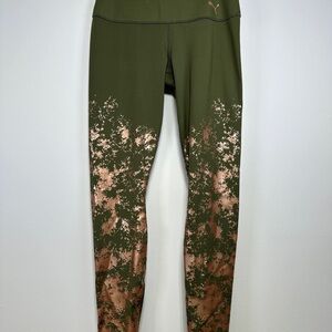 PUMA Olive Green & Gold Performance Leggings | Metallic Print | Size S